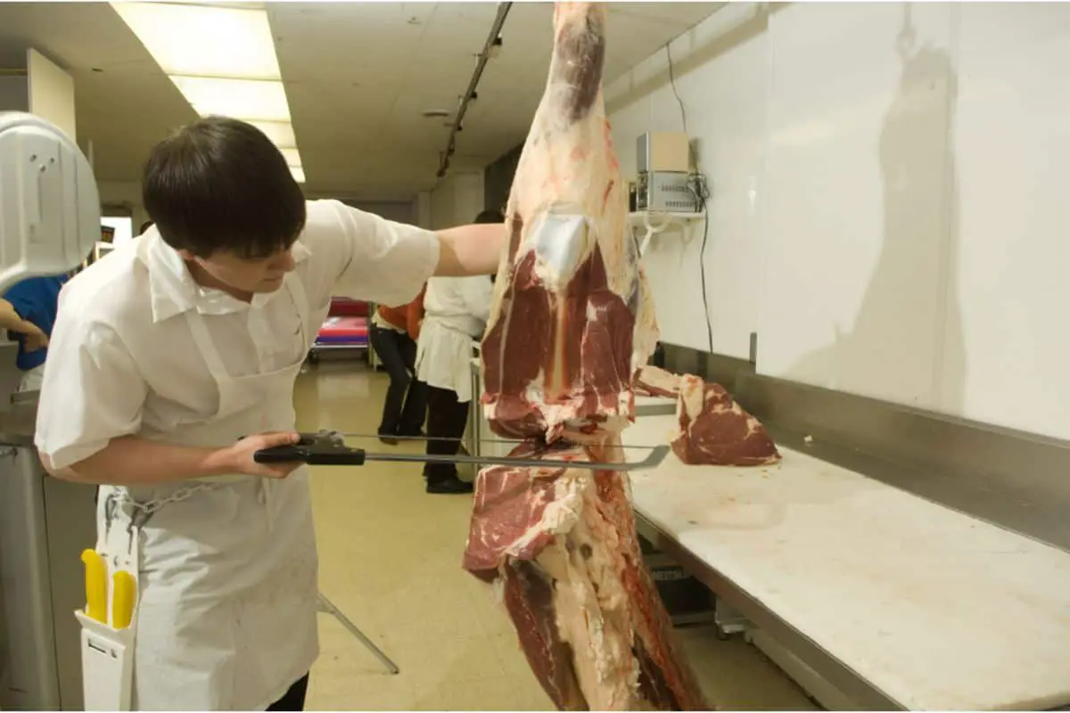 hacksaw cutting frozen meat